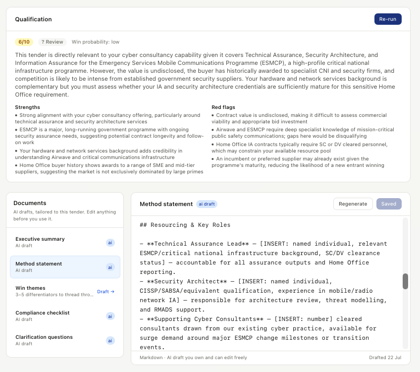PSIP AI-drafted method statement open in the editor, showing multiple [INSERT] placeholders marking facts the supplier must provide, alongside the five draftable documents.
